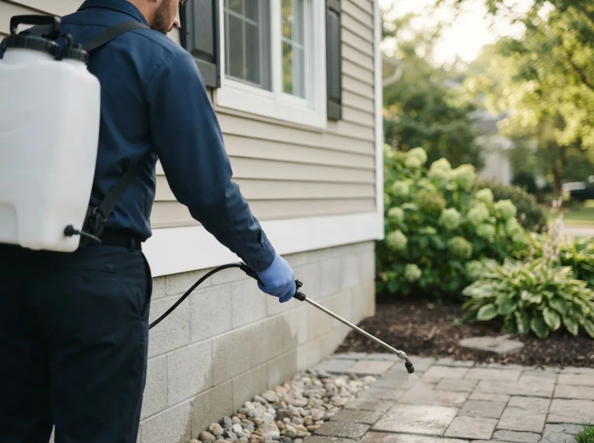 Pest control technician inspecting a home in Prather, CA